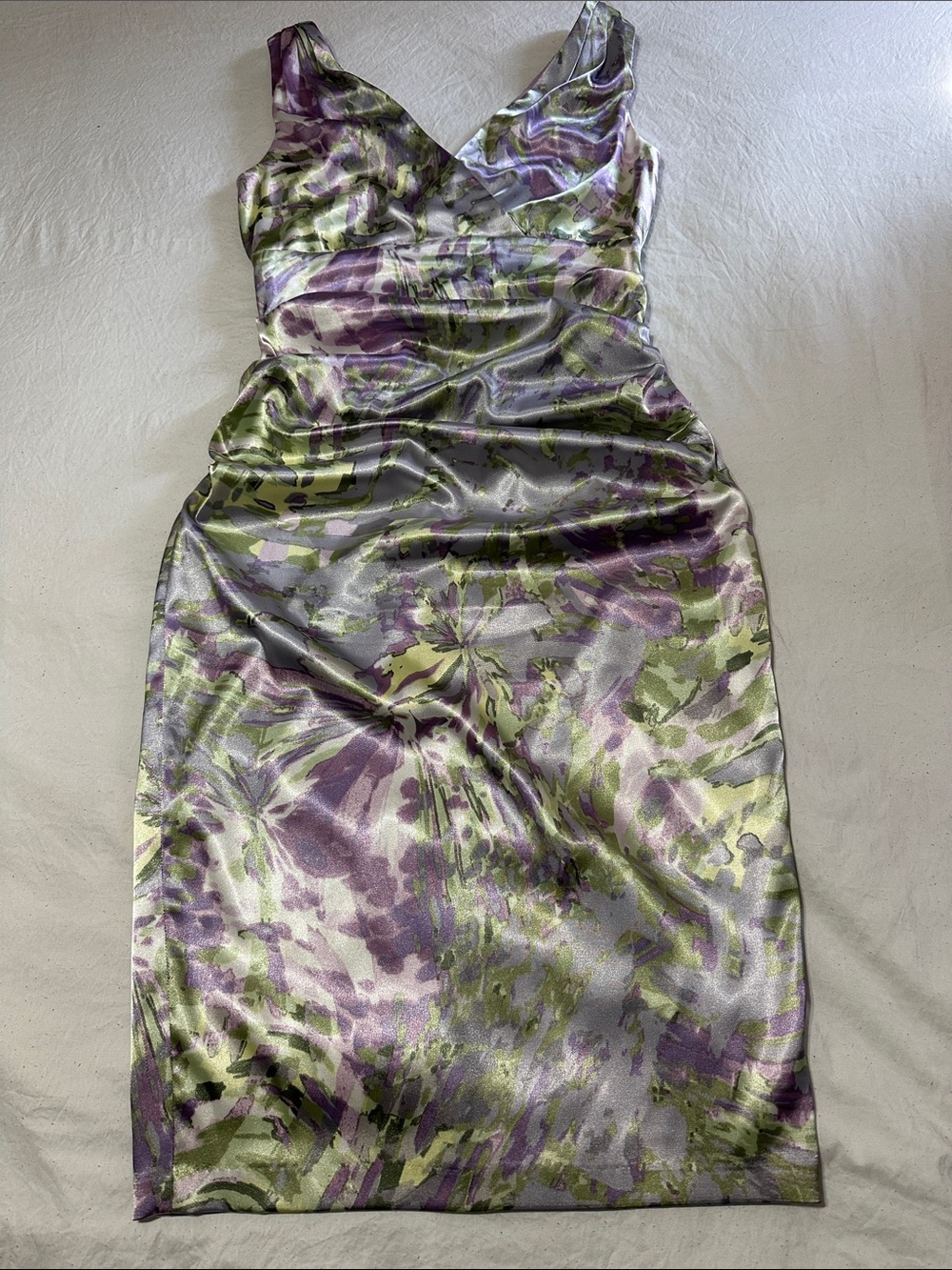 London Times Purple and Green Floral Satin Midi Dress